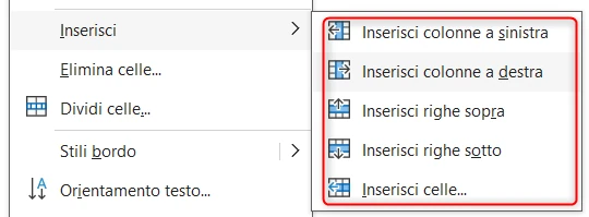 Menu inserisci righe colonne